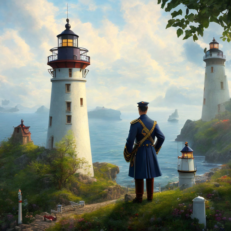 Uniformed Individual Overlooks Scenic Coastline with Twin Lighthouses