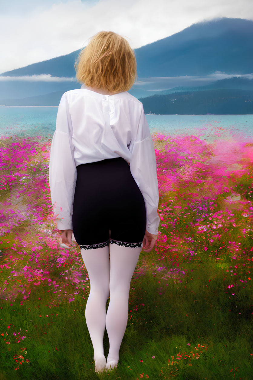 Person in White Blouse and Black Shorts in Pink Flower Field with Misty Mountains