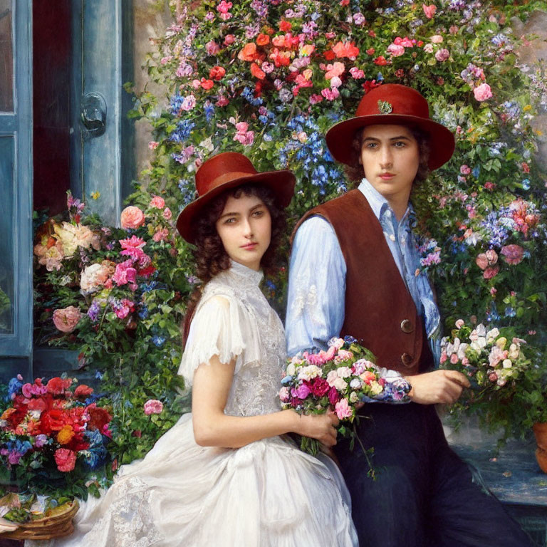 Vintage Attire Individuals with Red Hats in Front of Vibrant Flowers and Blue Door