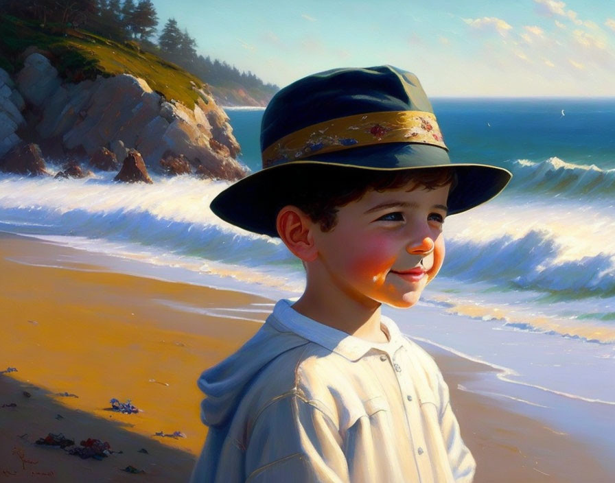 Young boy in hat on sunny beach with crashing waves and cliffs.