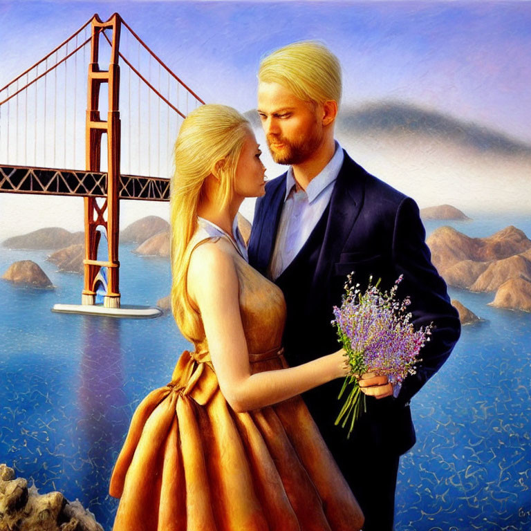 Couple embracing near water with Golden Gate Bridge in background, woman holding flowers