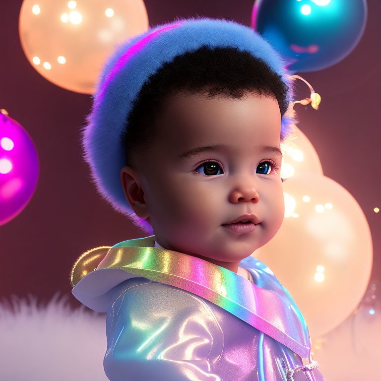 Baby with Blue Halo Headband and Rainbow Jacket Surrounded by Glowing Balloons