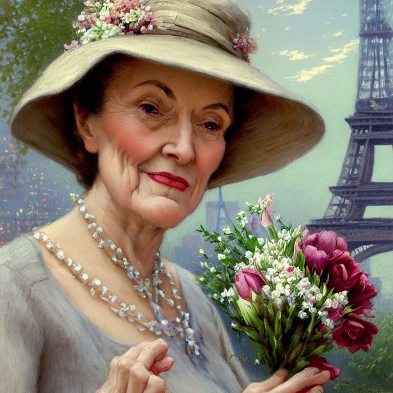 Stylish elderly woman in wide-brimmed hat with flowers and pearl necklace, holding bouquet,