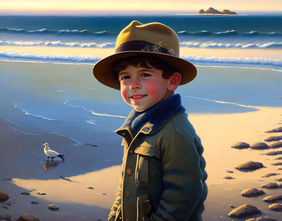 Child in Brown Hat and Green Coat on Beach with Seagull and Ocean View