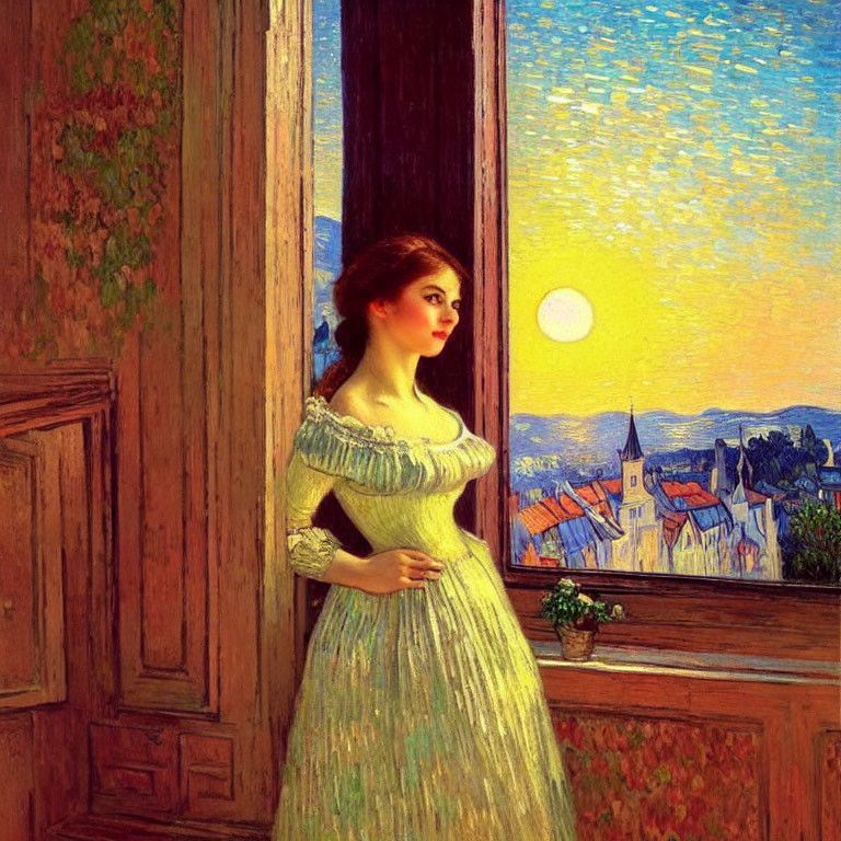 Woman in Yellow Dress Gazes at Sunlit Village and Starry Sky