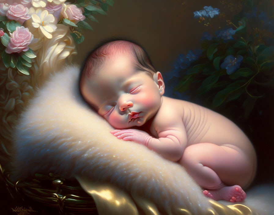 Newborn baby sleeping on fluffy white blanket with pink and white roses.