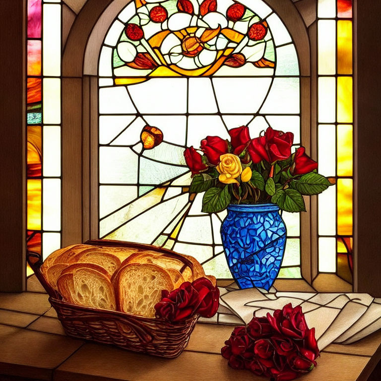 Floral Stained Glass Window, Bread in Basket, Red Roses in Blue Vase