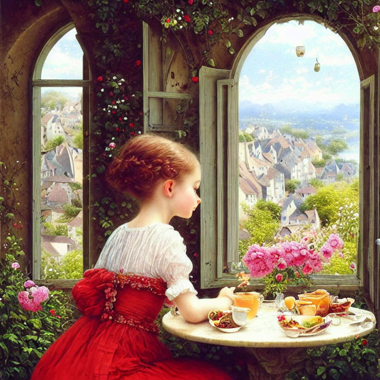 Young girl in red dress by window overlooking village on sunny day