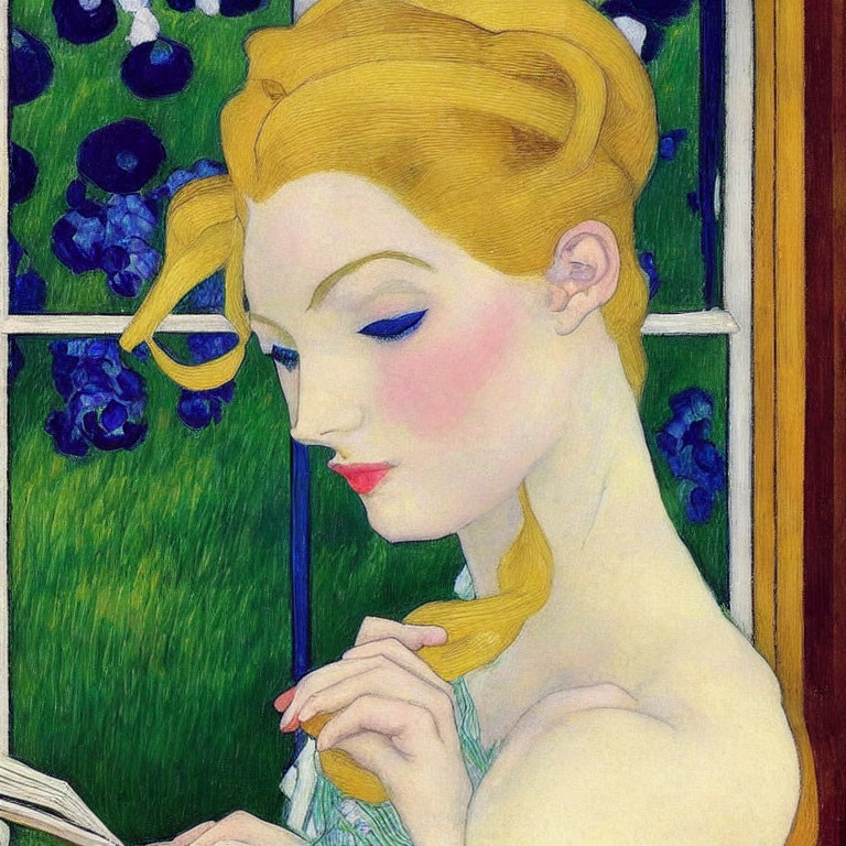 Art Nouveau Woman Reading Book by Window with Blue Flowers