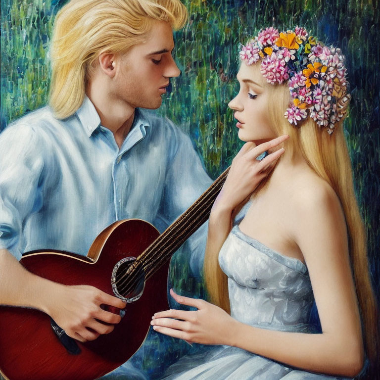 Man playing guitar serenades woman with floral crown in lush setting