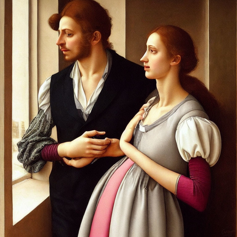 Renaissance-era couple painting in period attire