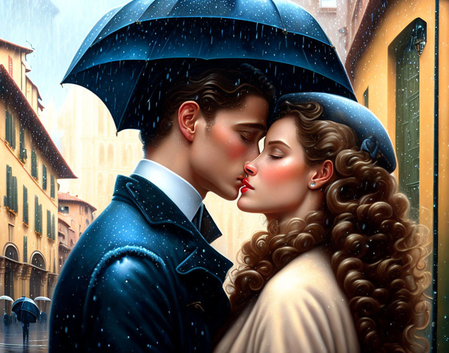 Couple kissing under umbrella on rainy cobblestone street