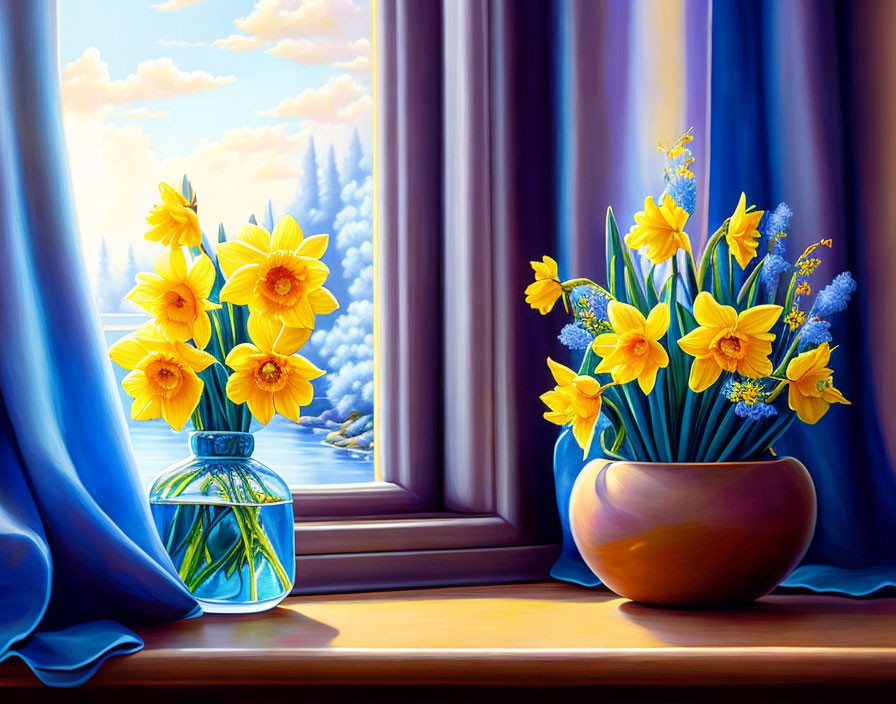 Colorful still life: yellow daffodils in clear vase and purple bowl on window sill with