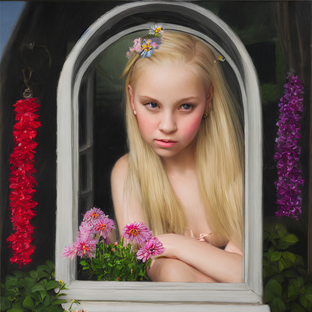 Blonde girl with flower in hair looks out arched window surrounded by vibrant flowers.