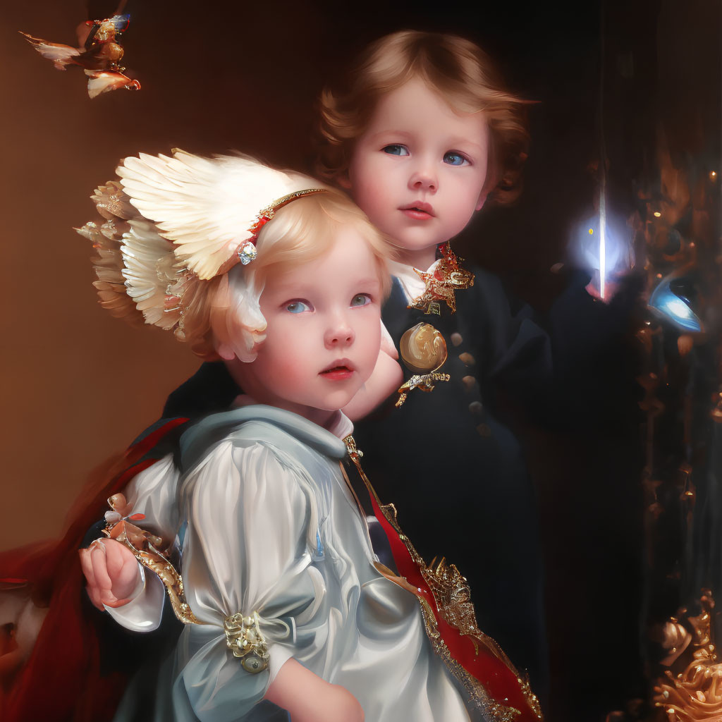 Historically dressed children with glowing orb in ornate setting