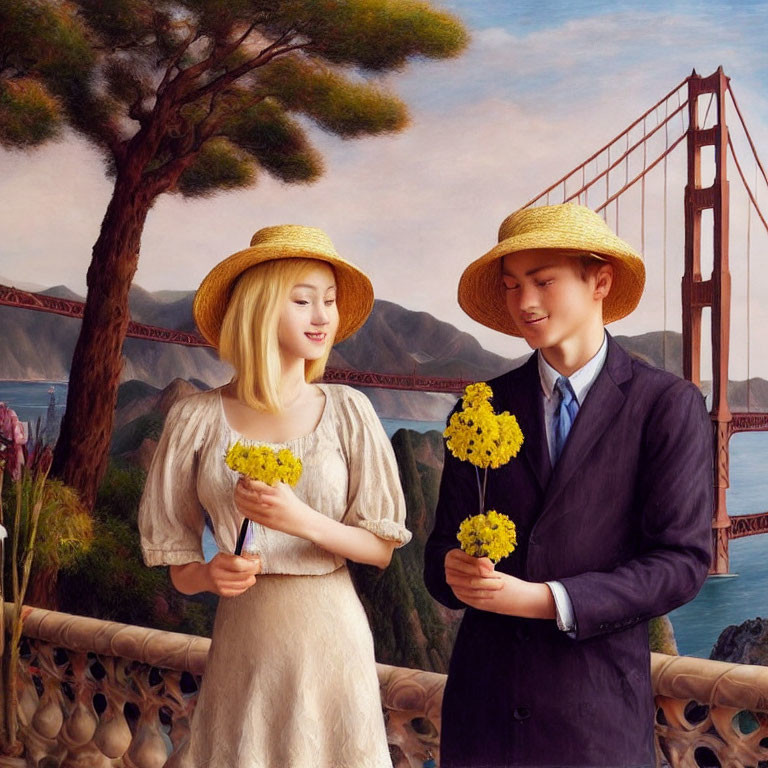 Vintage-dressed couple with yellow flowers by Golden Gate Bridge