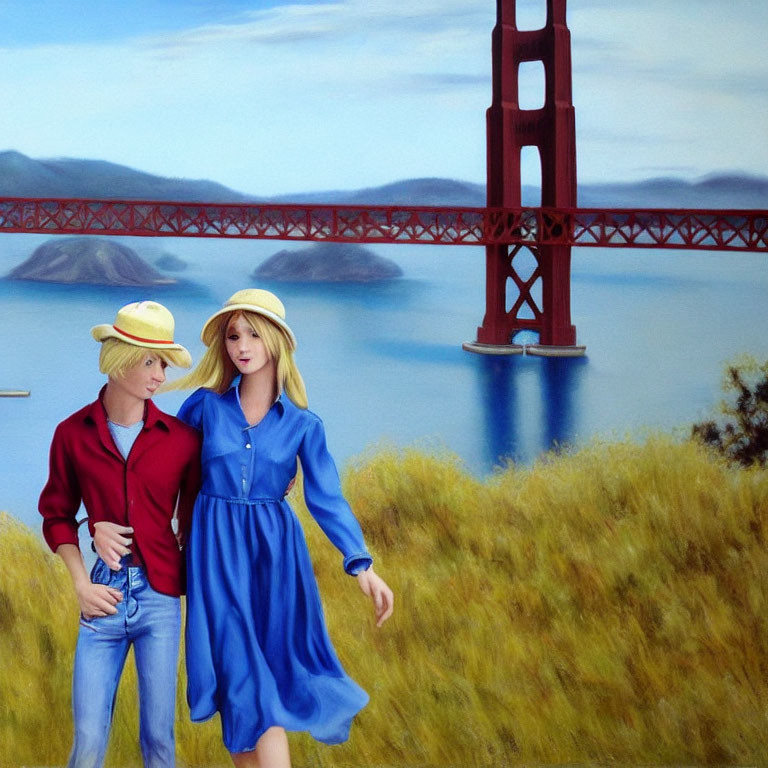 Illustrated male and female characters walking near Golden Gate Bridge.