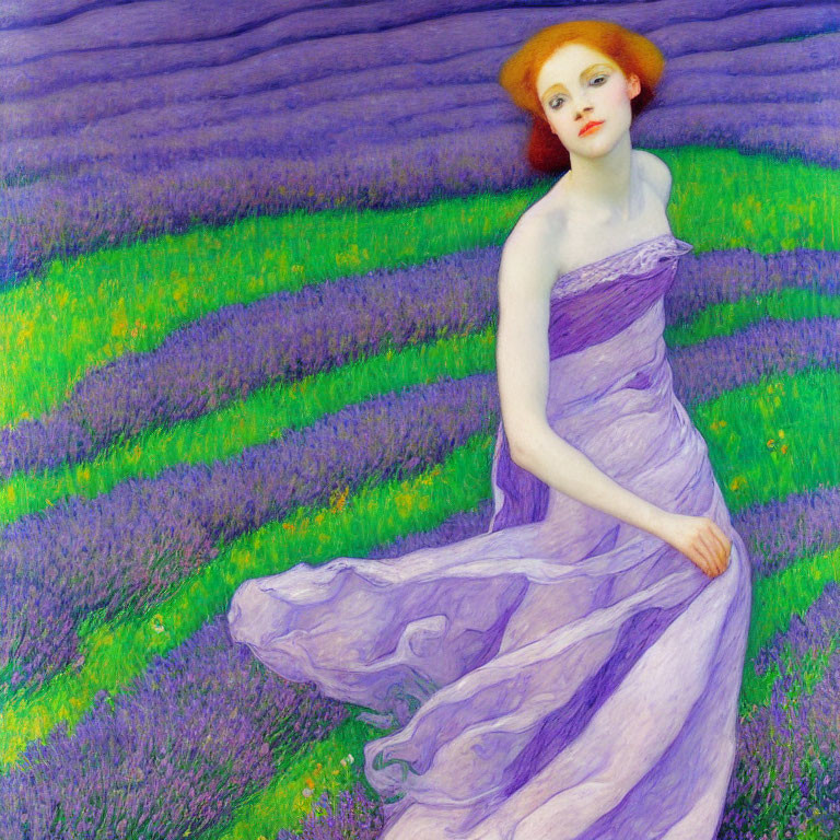 Vibrant impressionist painting of woman in lavender dress amid purple lavender.