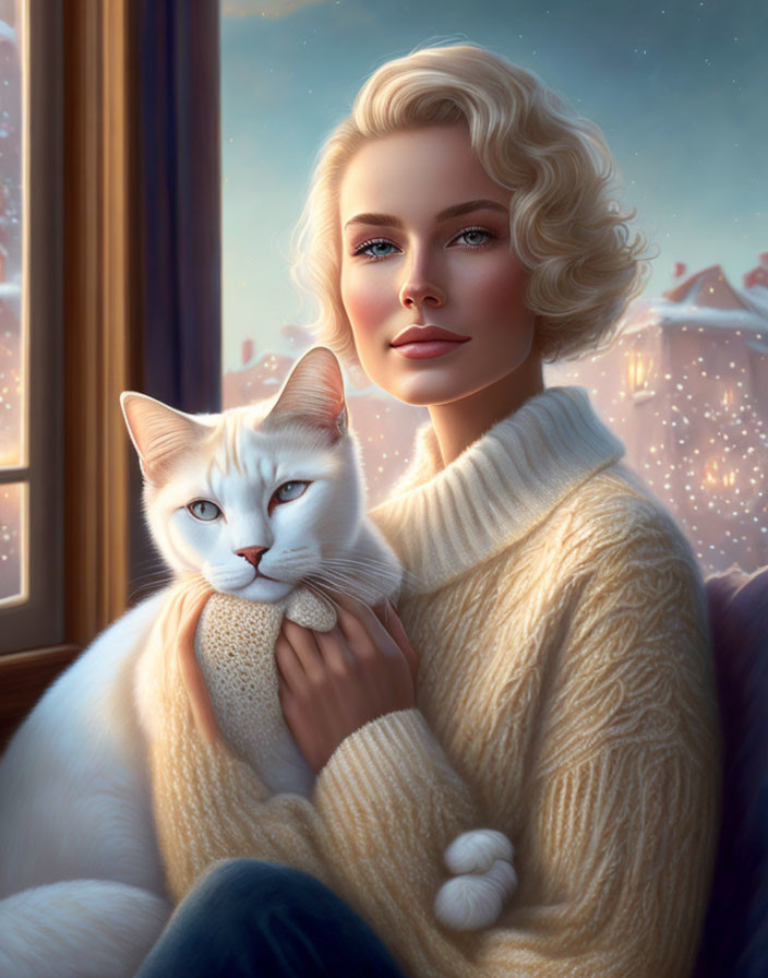 Blonde Woman with White Cat by Window at Twilight