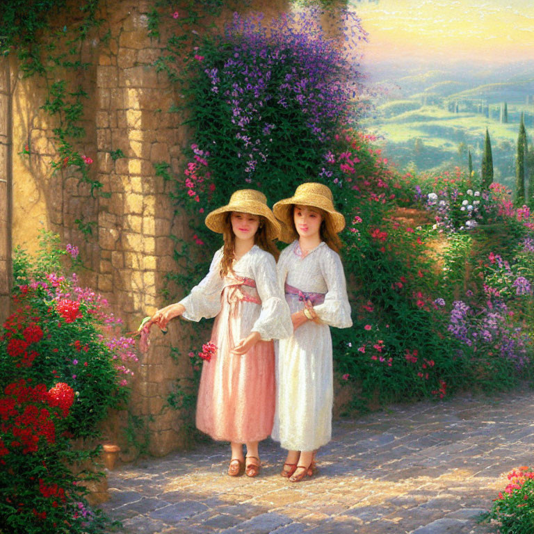 Vintage dresses and straw hats: Two girls in a blooming garden setting