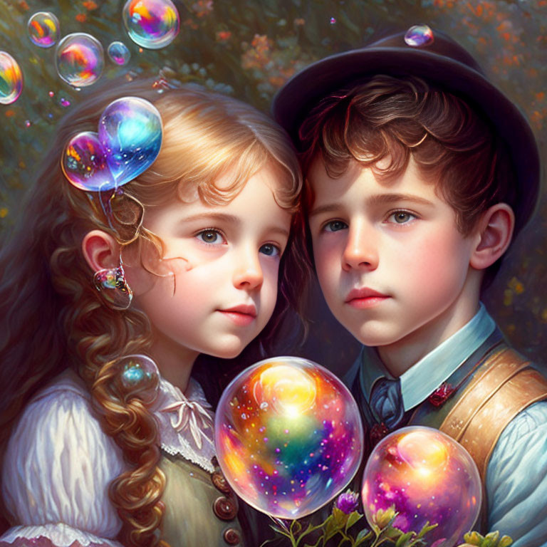 Vintage-Style Children in Cosmic Bubble-filled Autumn Scene