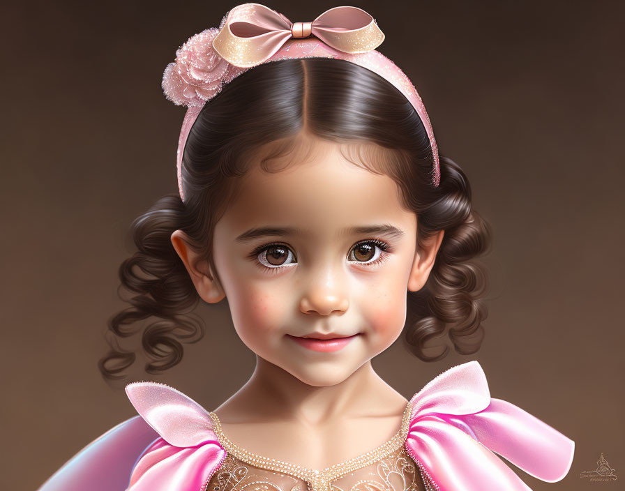 Digital illustration of young girl in pink dress with curly hair & bow headband.