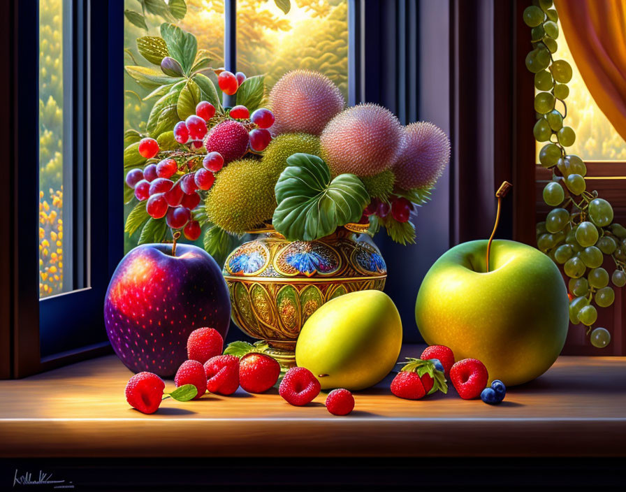 Colorful Fruit Still Life Composition on Windowsill with Sunlight