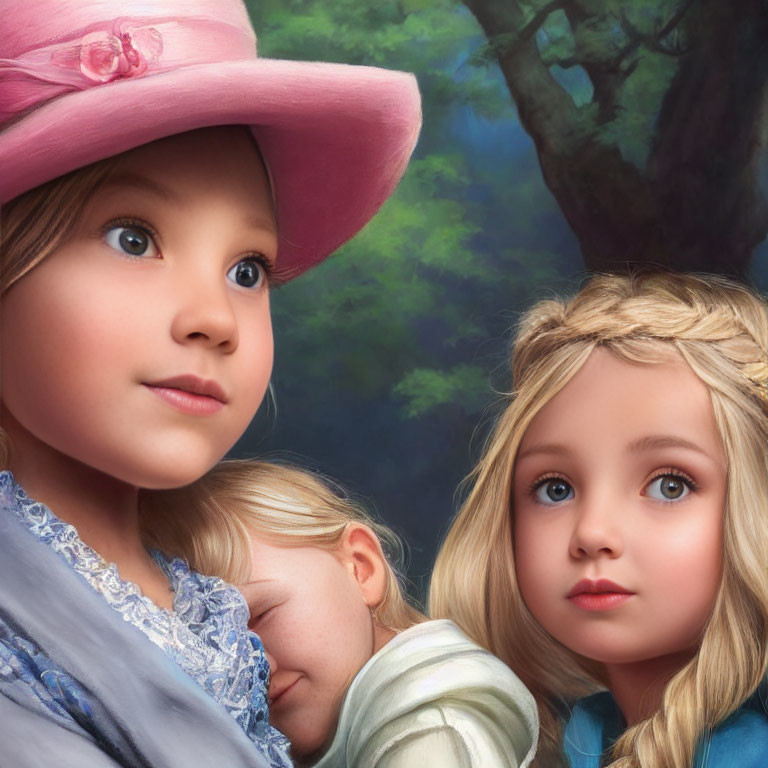 Three animated girls with lifelike features: two blondes, one with a pink hat, and