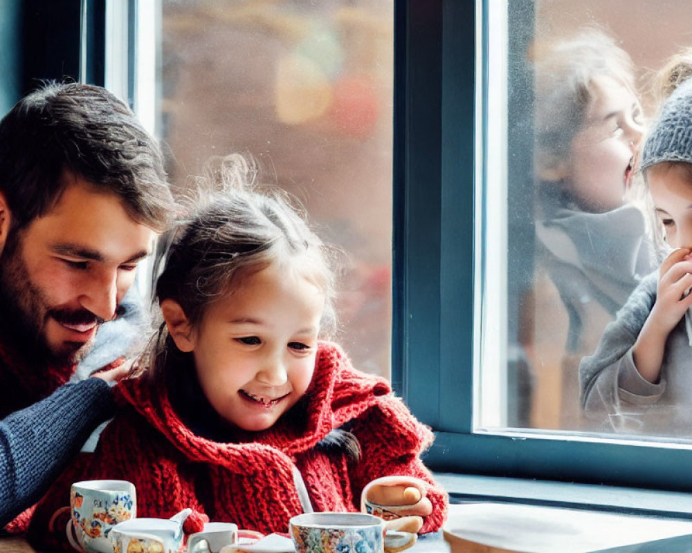 Man and two girls in knitwear by window with cups, creating cozy family scene