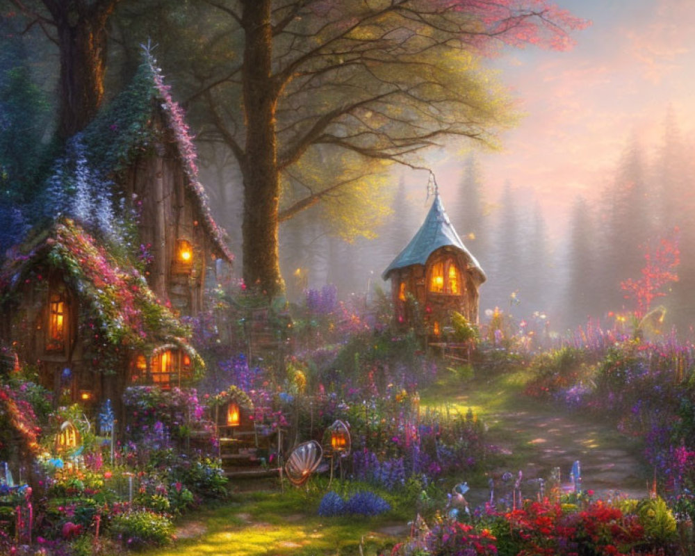 Enchanting Forest Glade with Fantasy Cottages and Magical Atmosphere