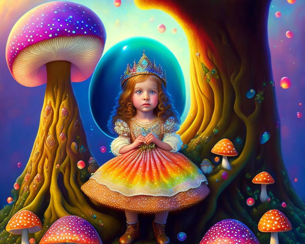 Young girl as princess under large tree with glowing mushrooms in colorful fairy-tale scene