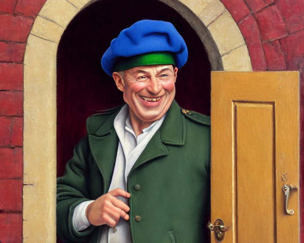 Cheerful man in green coat and blue beret at arched doorway with red brick wall,