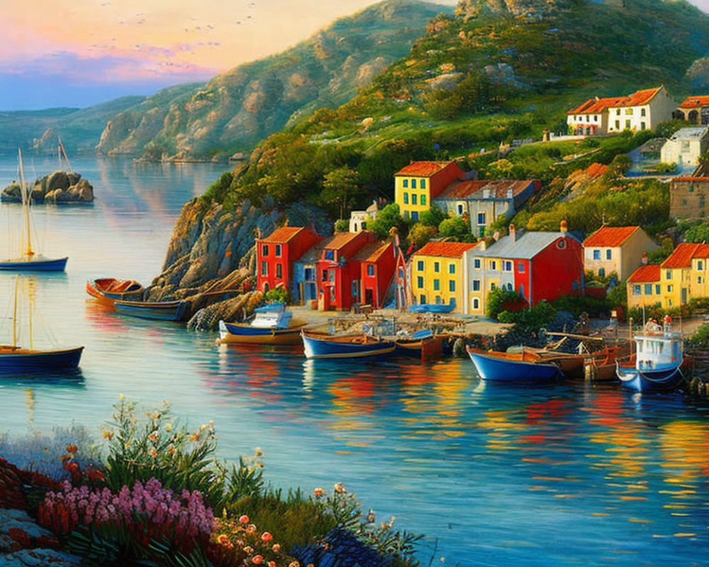 Tranquil Coastal Village with Colorful Houses and Moored Boats