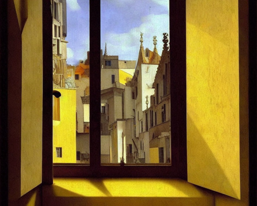 European Old Town Scene with Closely Packed Buildings and Clear Sky