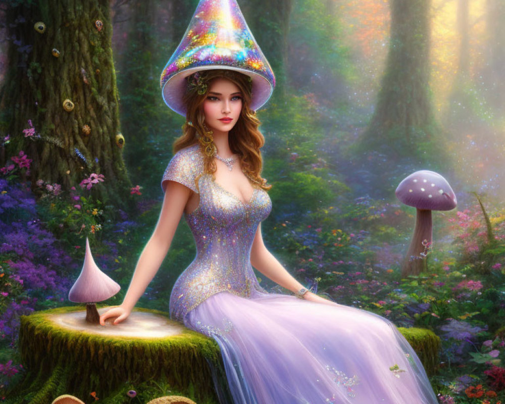 Fantasy illustration of sorceress in enchanted forest