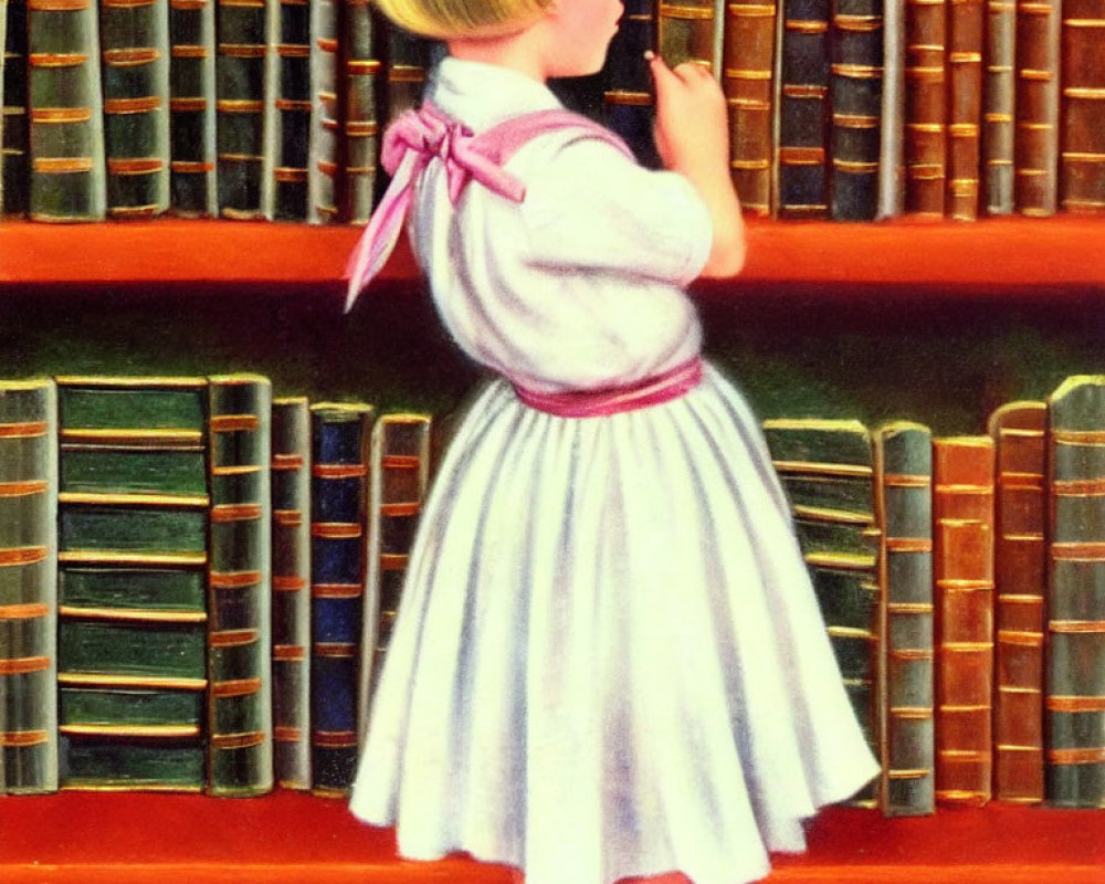 Blond girl in white dress with pink ribbon contemplating books