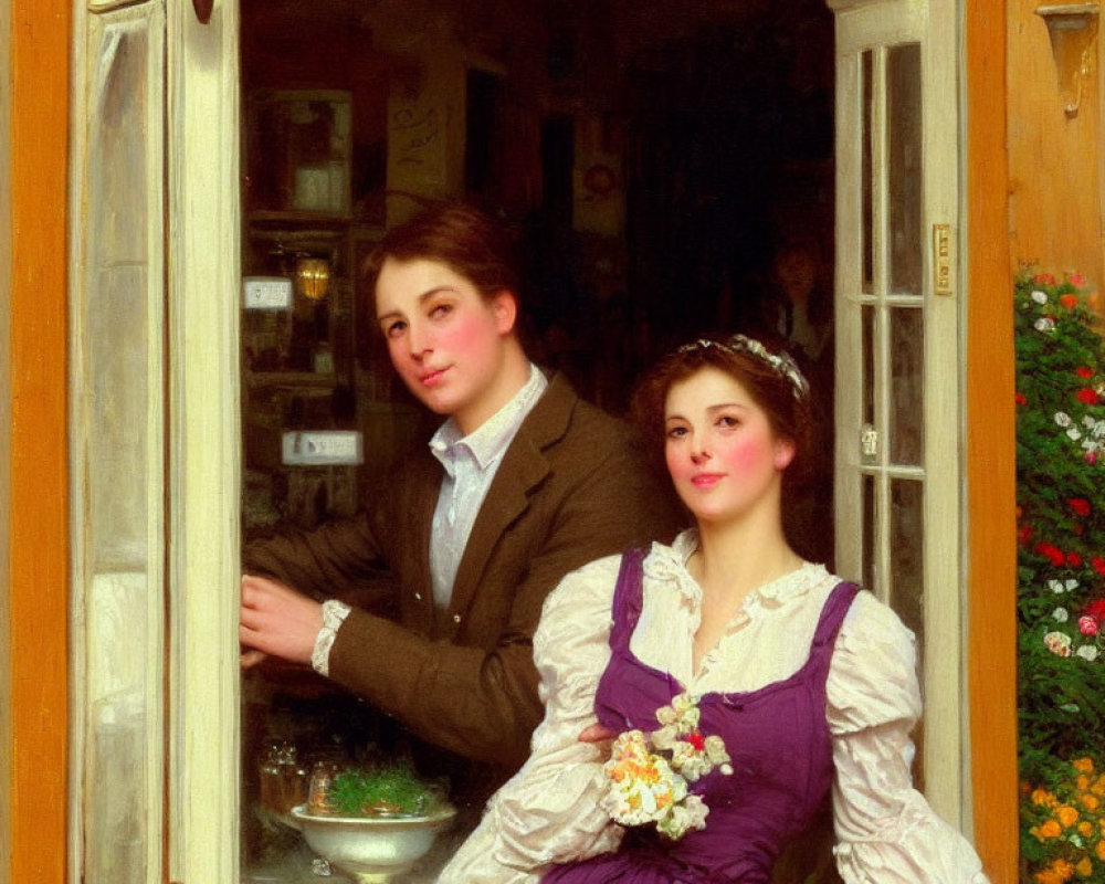 Vintage Attired Young Couple Leaning on Shop Window Sill