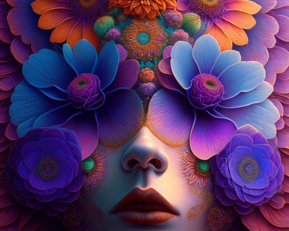 Digital Artwork: Woman's Face with Colorful Flower Hair & Eyes