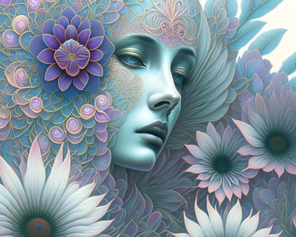 Surreal feminine face with ornate floral patterns in soft blue, purple, and teal