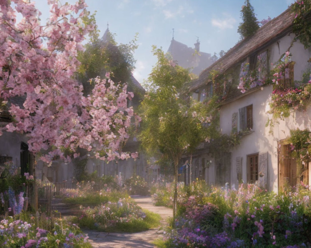 Tranquil cobblestone street with cherry trees and old houses