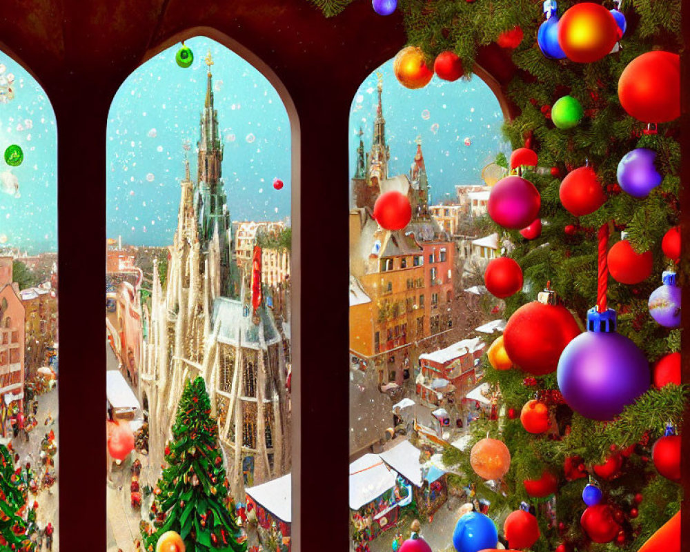 Festive Christmas scene through arched window overlooking snowy cityscape