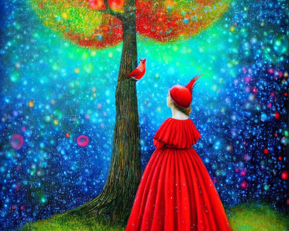 Person in Red Gown and Hat with Colorful Orbs and Bird in Vibrant Starry Scene