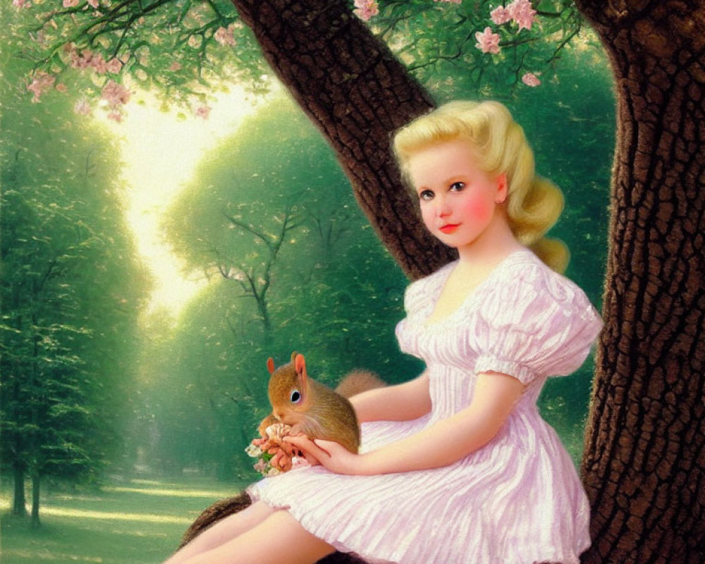 Young woman in pastel pink dress with squirrel in nature setting