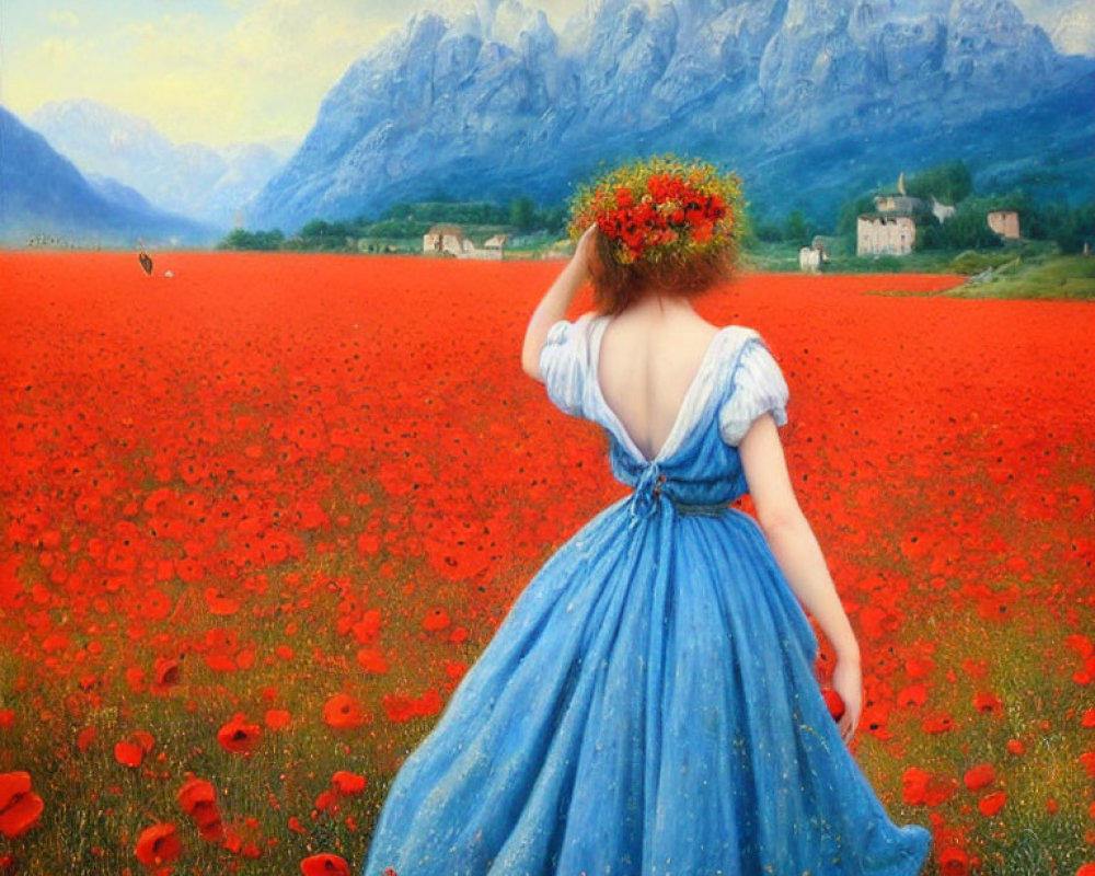 Woman in Blue Dress with Flower Crown Walking in Poppy Field with Mountain Range