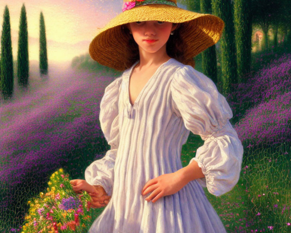 Young Woman in White Dress and Straw Hat in Field of Purple Flowers at Sunset