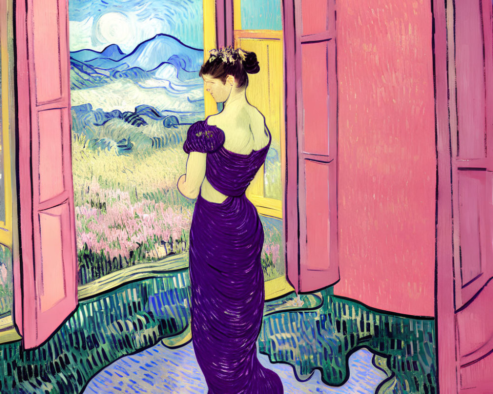 Stylized illustration of woman in purple dress looking out open window at starry night landscape