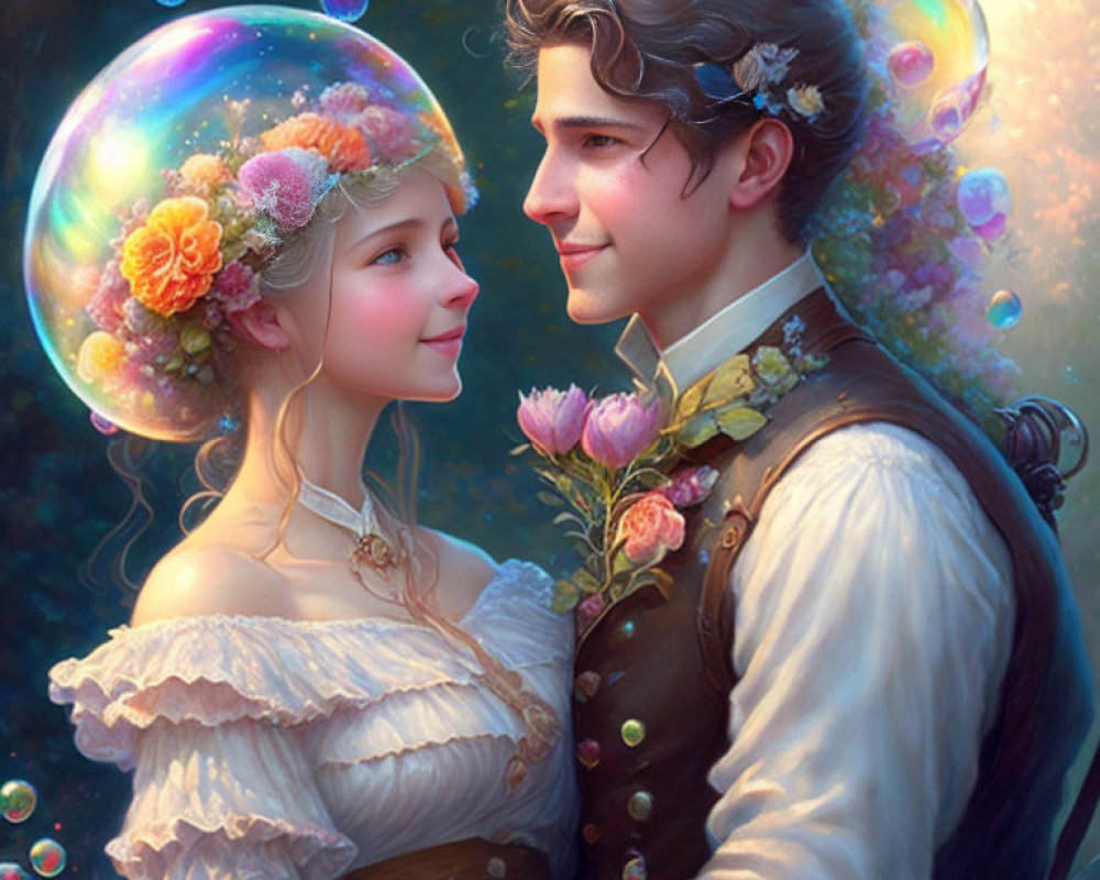 Illustration of couple in vintage attire with woman in bubble surrounded by flowers