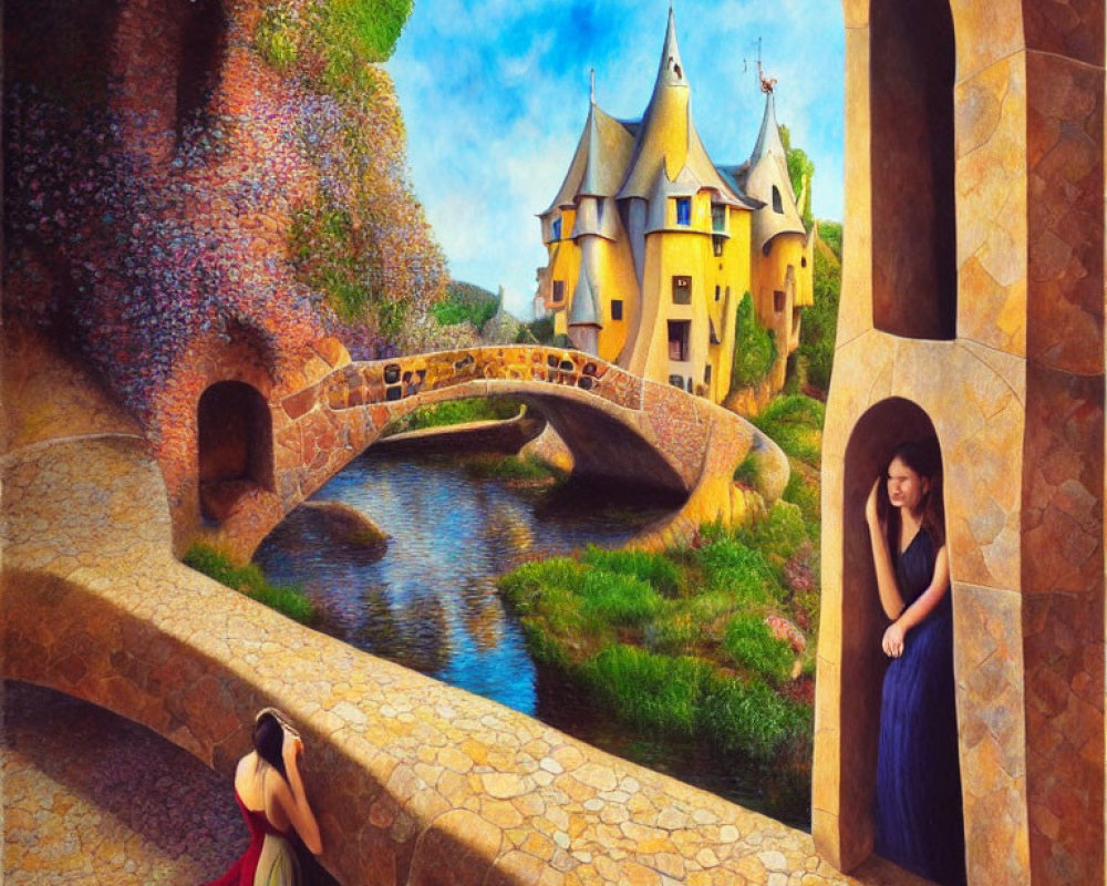 Whimsical painting of two women by river and castle