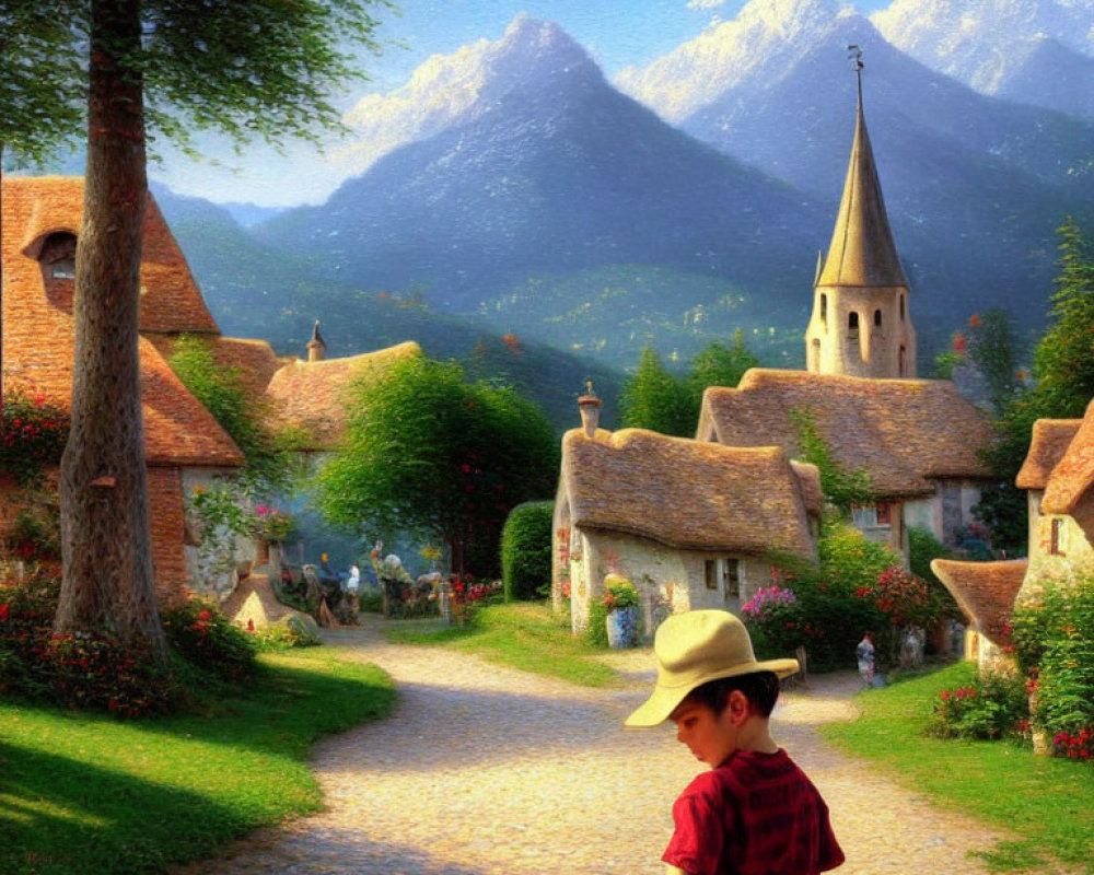 Child in hat walking on village road with cottages, church steeple, and mountains.