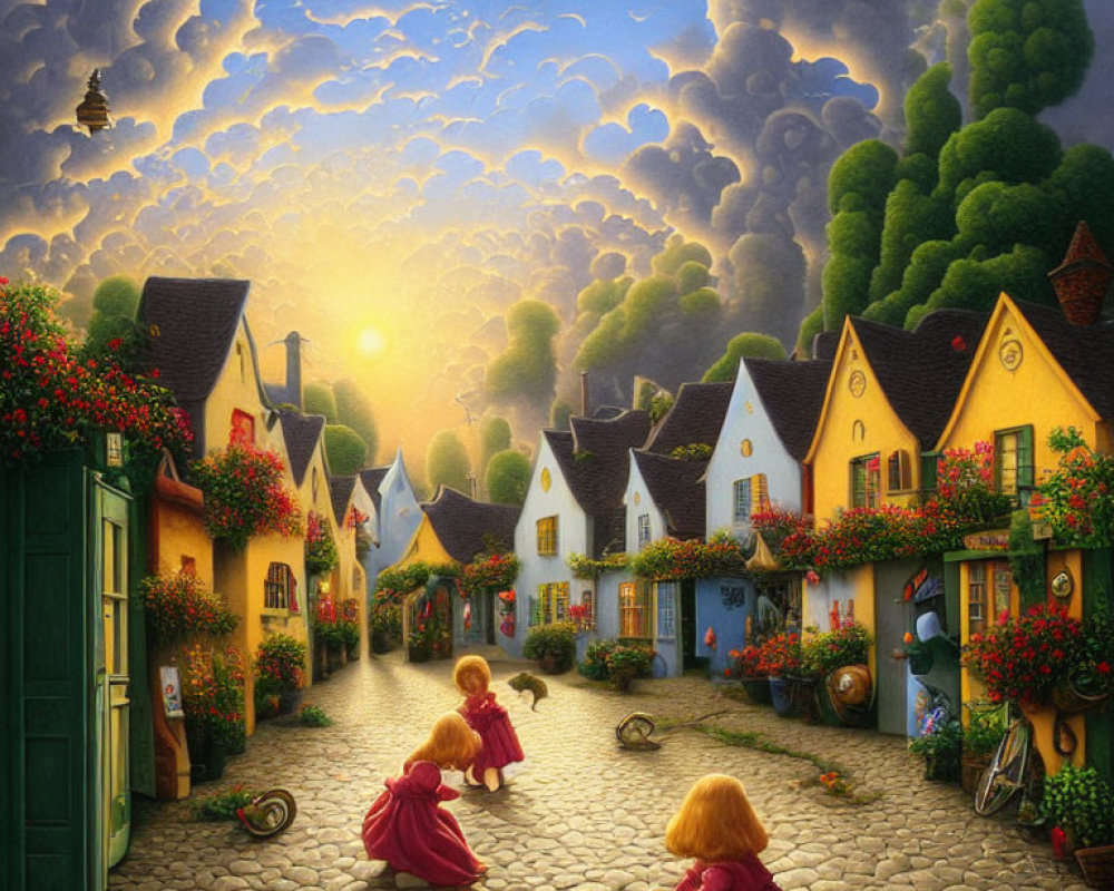 Charming sunset scene of a village street with cobblestones and colorful houses